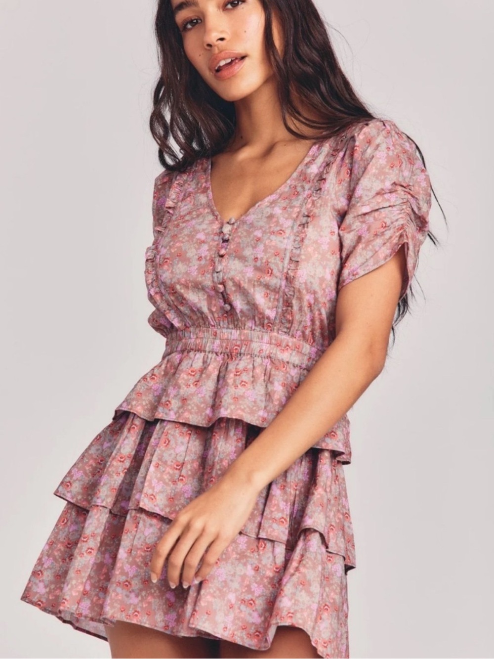 ✅ LoveShackFancy Dress Roth Mini Ruffle Tiered in Pink Floral